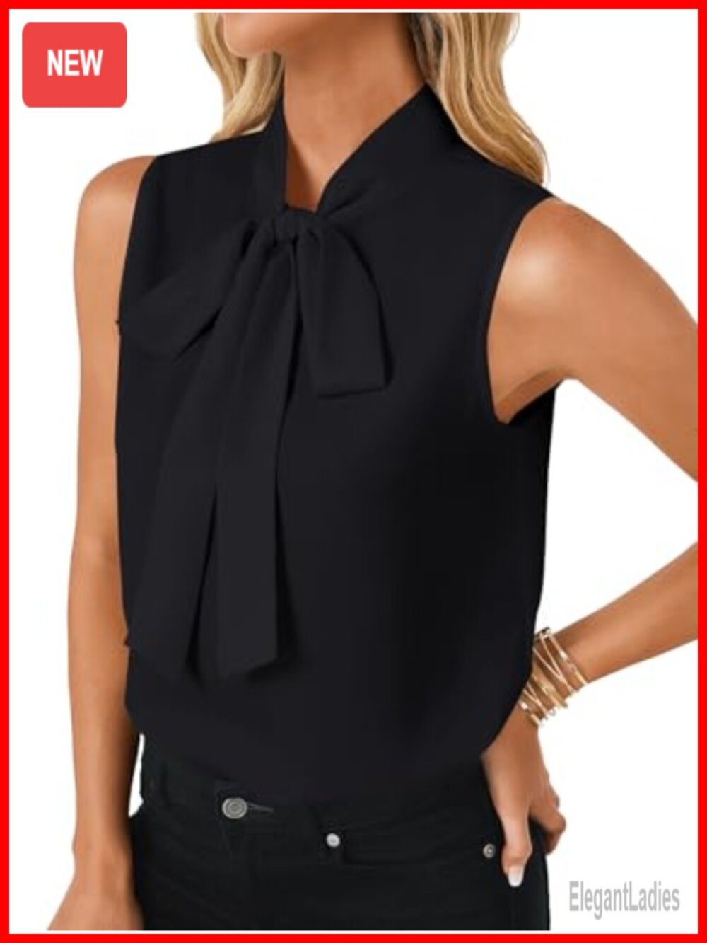 Women's Bow Tie Neck Sleeveless Blouse - Polyester Business Casual Tank